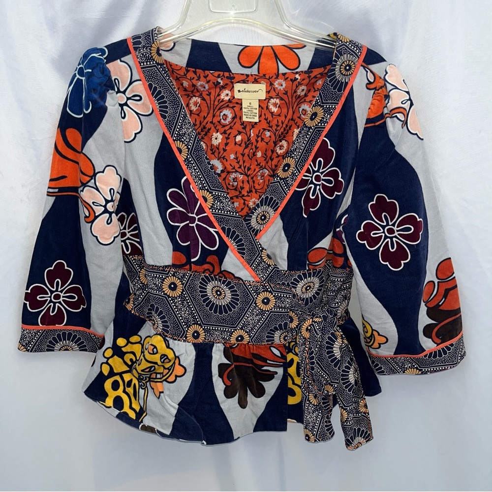 Anthropologie Floral Patchwork Wrap Blouse in Navy, Orange, Yellow, Pink